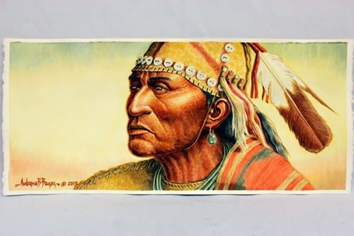 A painting of an indian wearing a headdress.