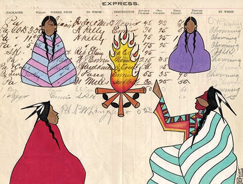 A drawing of three native americans and an invoice.